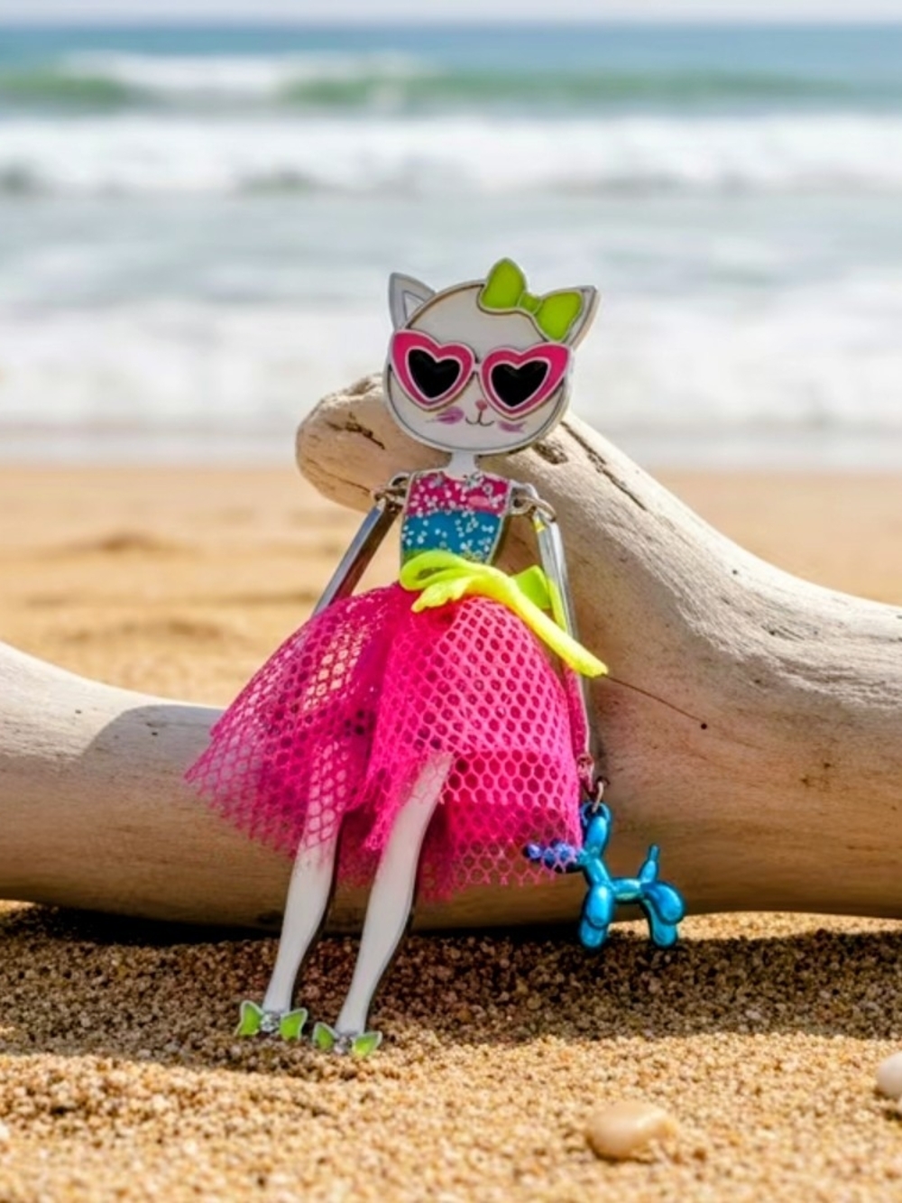 Whimsical Cat Brooch\bag Pin in Bright Pink with Neon Green Accents